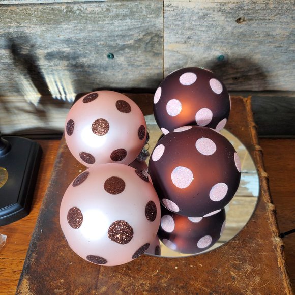 Glass Ball Ornaments - Brown & Pink Polka-Dot Sparkle - Set of 4. - Picture 2 of 4